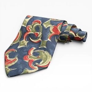 Vintage Mario Valentino Silk Tie Navy Blue Red Green Abstract Scroll  Italy 80s